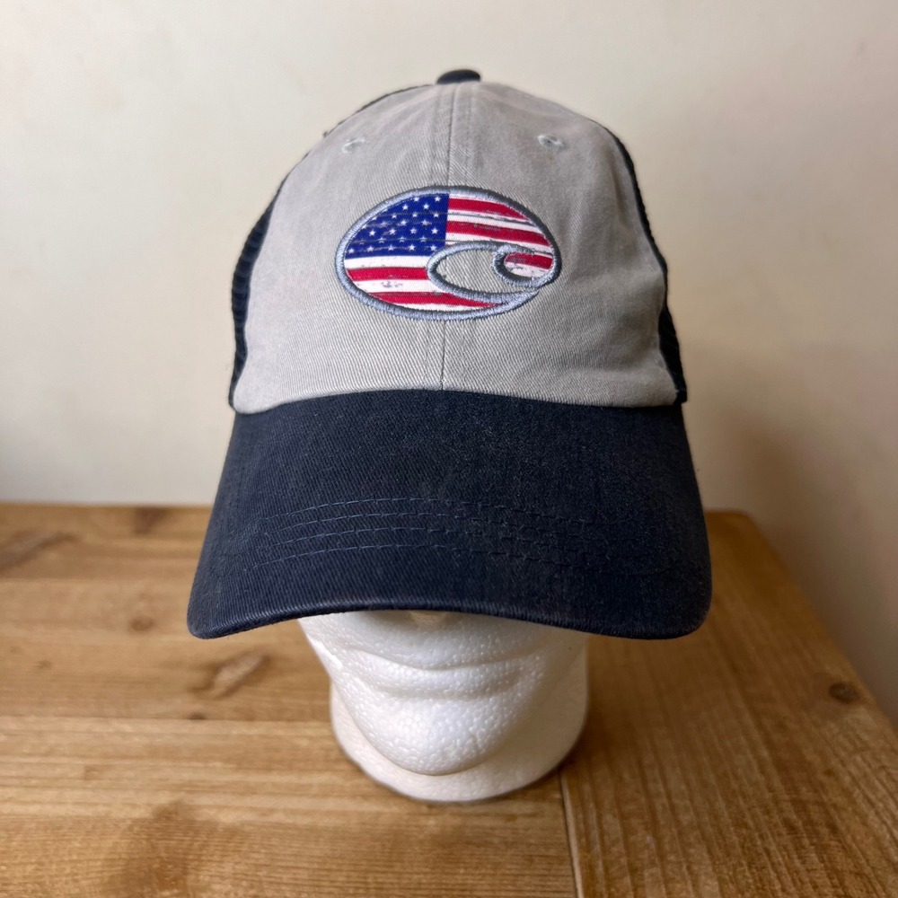 Costa Del Mar Men's Trucker Hat Grey Navy Blue American Flag Logo Fishing Cap